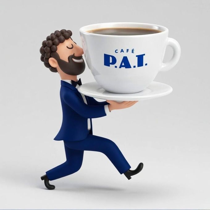 Hombre con traje azul que lleva una taza y un platillo de café blancos de gran tamaño con la etiqueta “CAFÉ PAI”.
