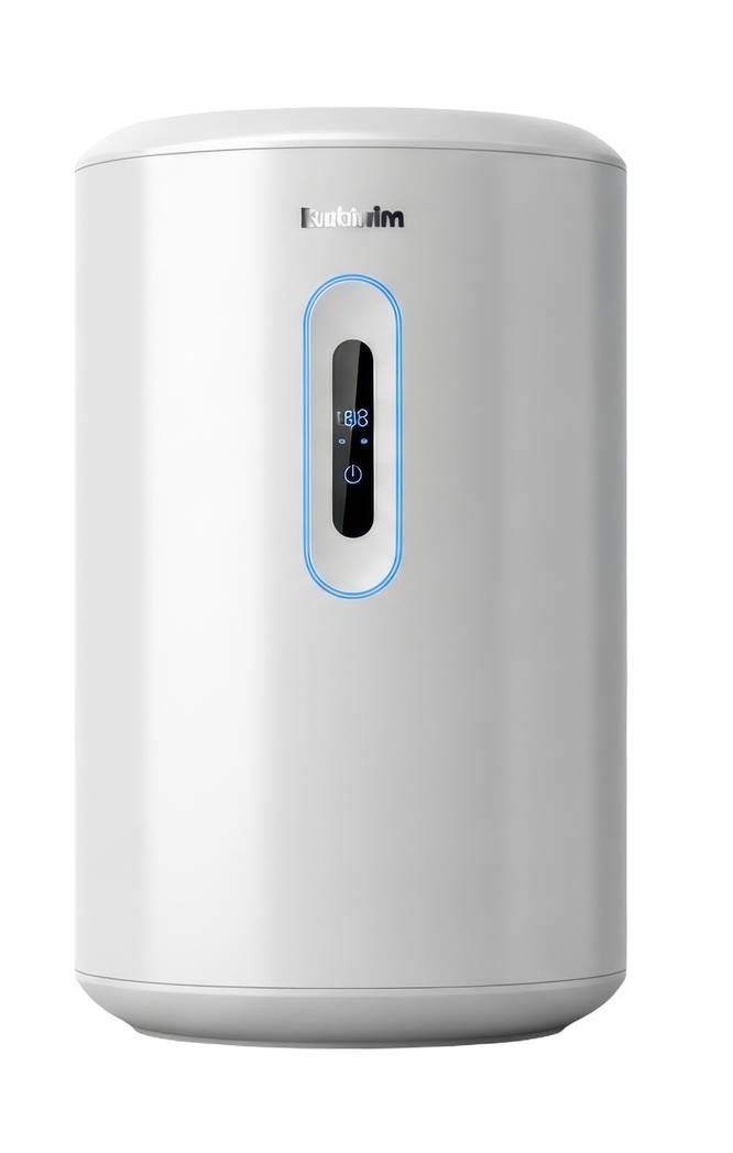 Un chauffe-eau électrique cylindrique blanc avec un panneau d'affichage numérique central et un éclairage d'ambiance bleu.