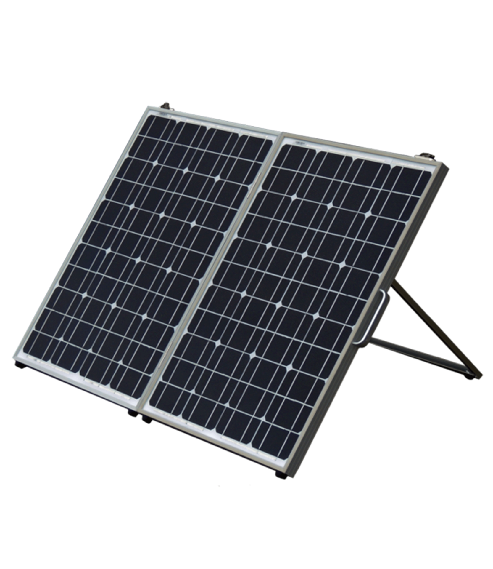 Un panneau solaire portable rectangulaire et pliable, maintenu en place par un support métallique, sur un fond blanc uni.
