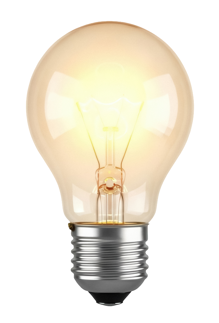 Une ampoule à incandescence de forme standard, dont le filament est visible, se détache sur un fond blanc uni.