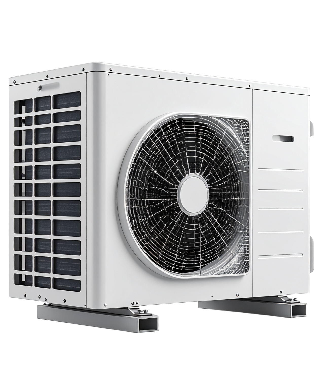 Unité de condensation extérieure blanche pour climatiseur, dotée d'une grande grille de ventilation circulaire, montée sur deux rails de support métalliques gris.