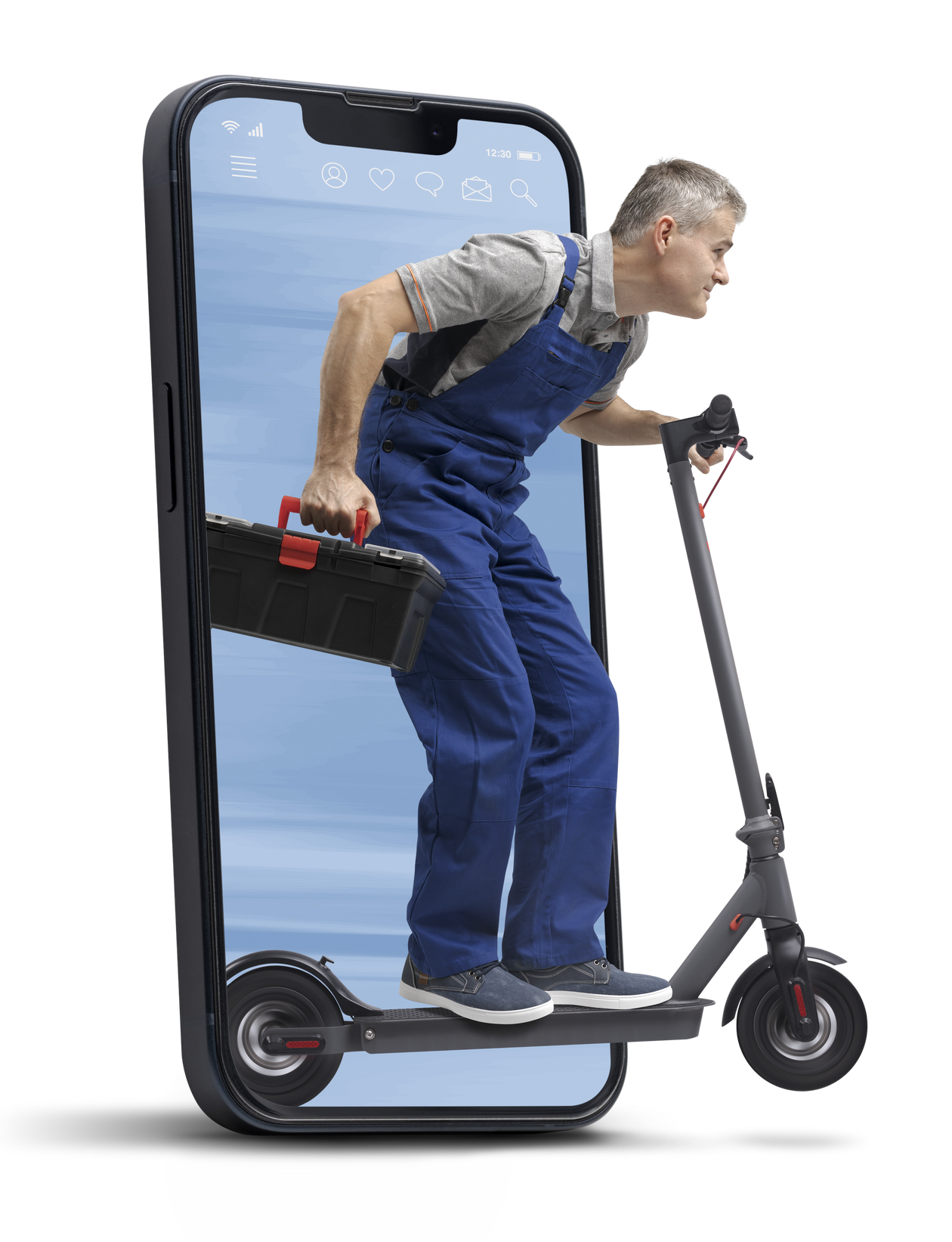 Un réparateur avec une boîte à outils conduit un scooter électrique, surgissant d'un grand écran de smartphone.