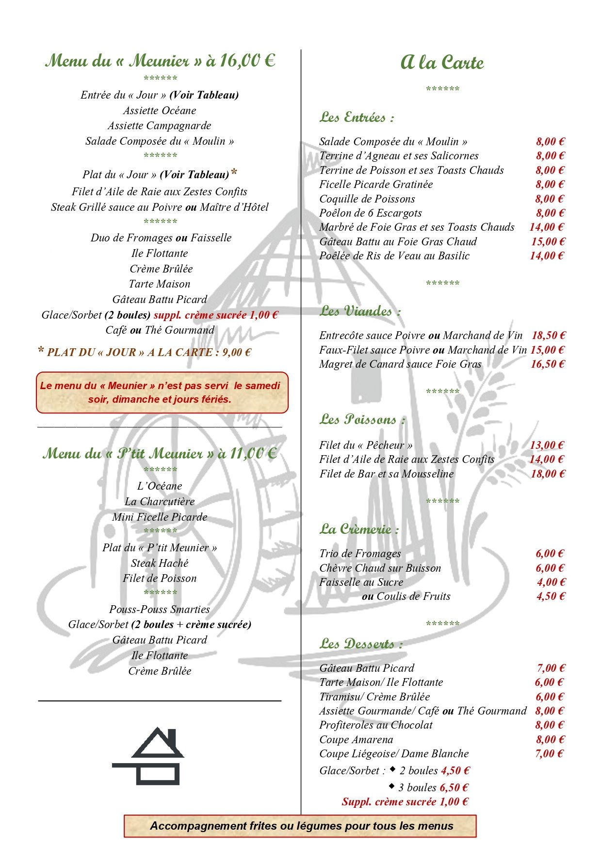 Notre Carte Restaurant Le Moulin Boismont