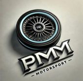 Un logotipo para pmm motorsport con una rueda en el centro.