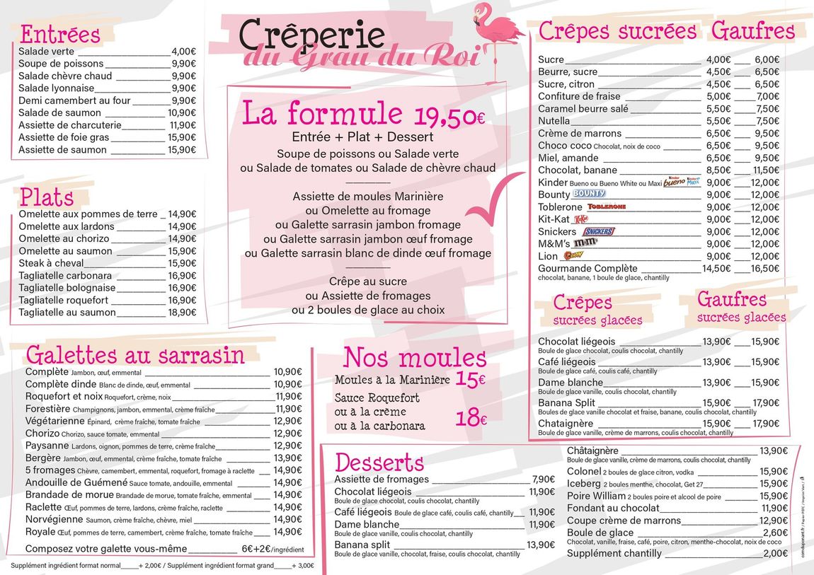 Menu de la crêperie avec les entrées, plats et desserts