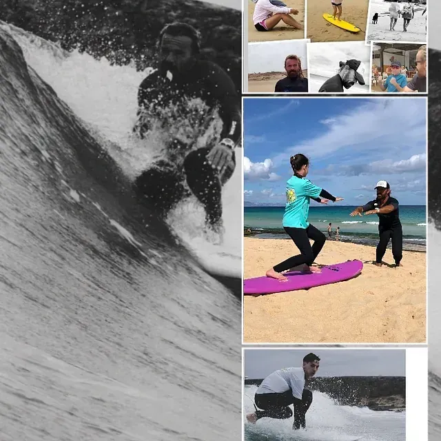 Un hombre está surfeando una ola en una tabla de surf morada.