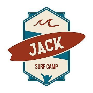 Un logotipo para un campamento de surf con el nombre Jack y una tabla de surf.