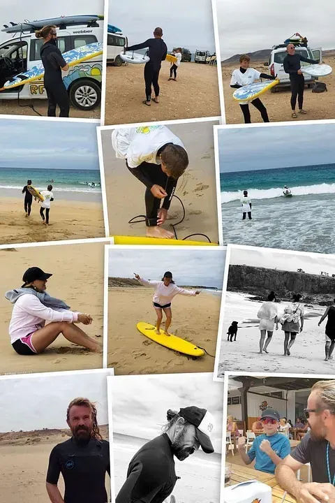Un collage de fotos de gente surfeando en la playa.