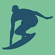 Una silueta de un hombre montado en una tabla de surf sobre un fondo verde.
