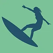 Una silueta de una mujer montada en una tabla de surf sobre un fondo verde.