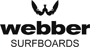 Un logotipo en blanco y negro para tablas de surf Webber con un murciélago encima.