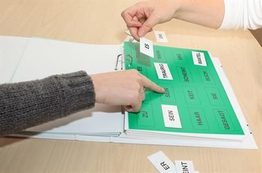 Zwei Personen legen Wortkarten auf einem grünen Blatt in einem Ordner zusammen. Hände zeigen auf Wörter wie „sein“ und „er“.