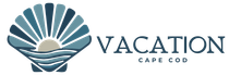 Logo for Vacation Cape Cod featuring a blue scallop shell graphic with a sunrise and waves, beside the text 