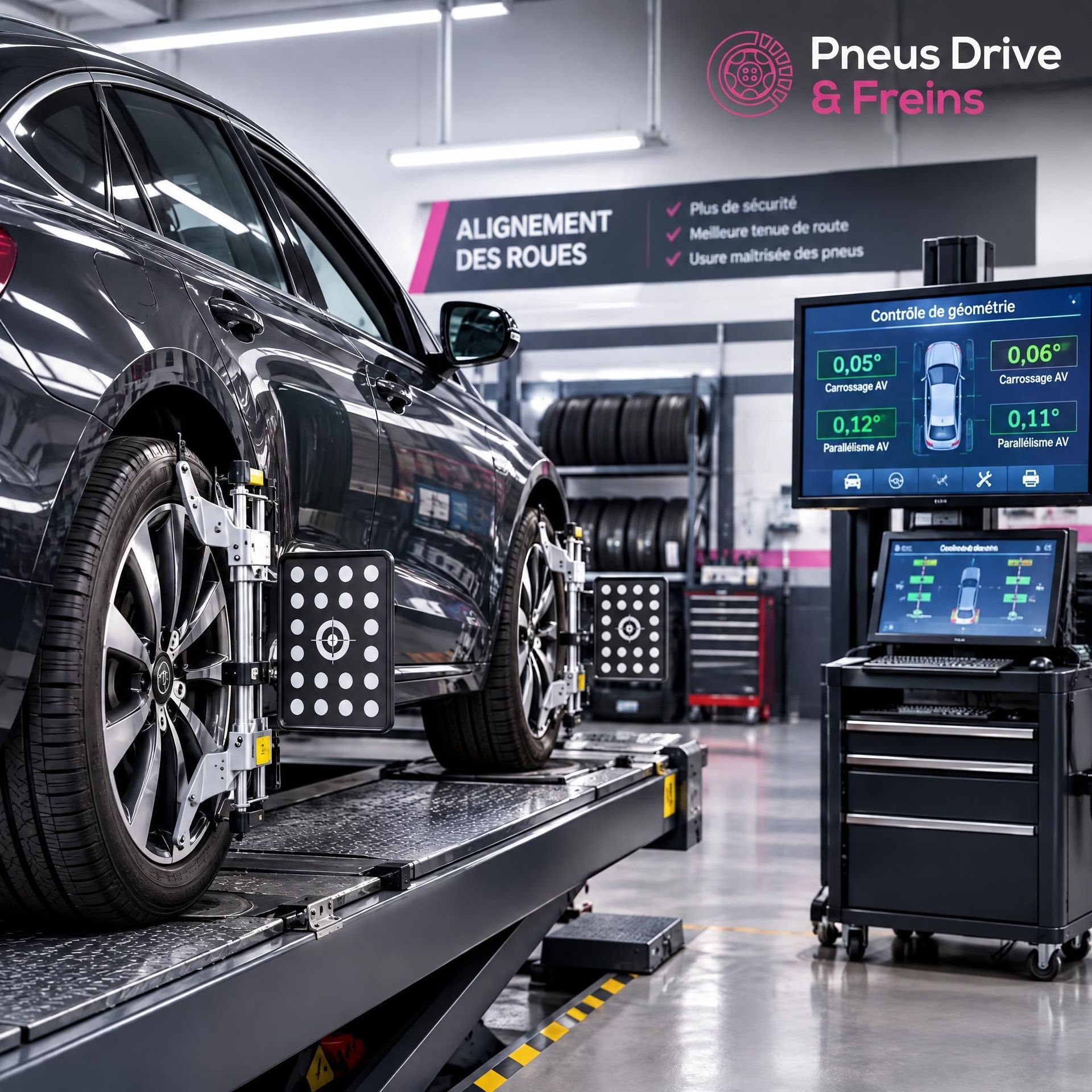 Voiture dans un atelier de pneumatiques, sur un banc de géométrie