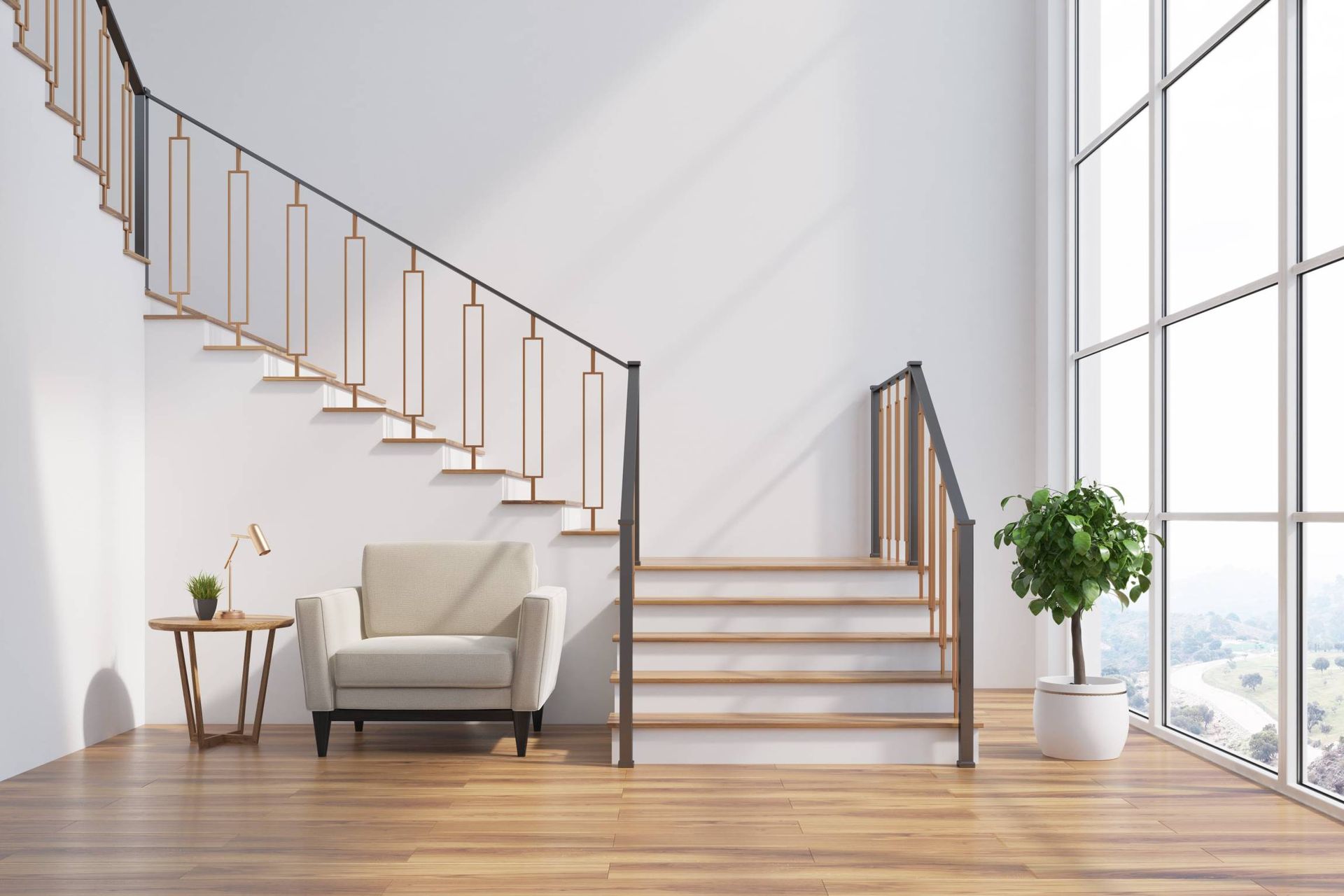 Salon lumineux et moderne avec un escalier courbe, un fauteuil, une table d’appoint, une plante et de grandes fenêtres.