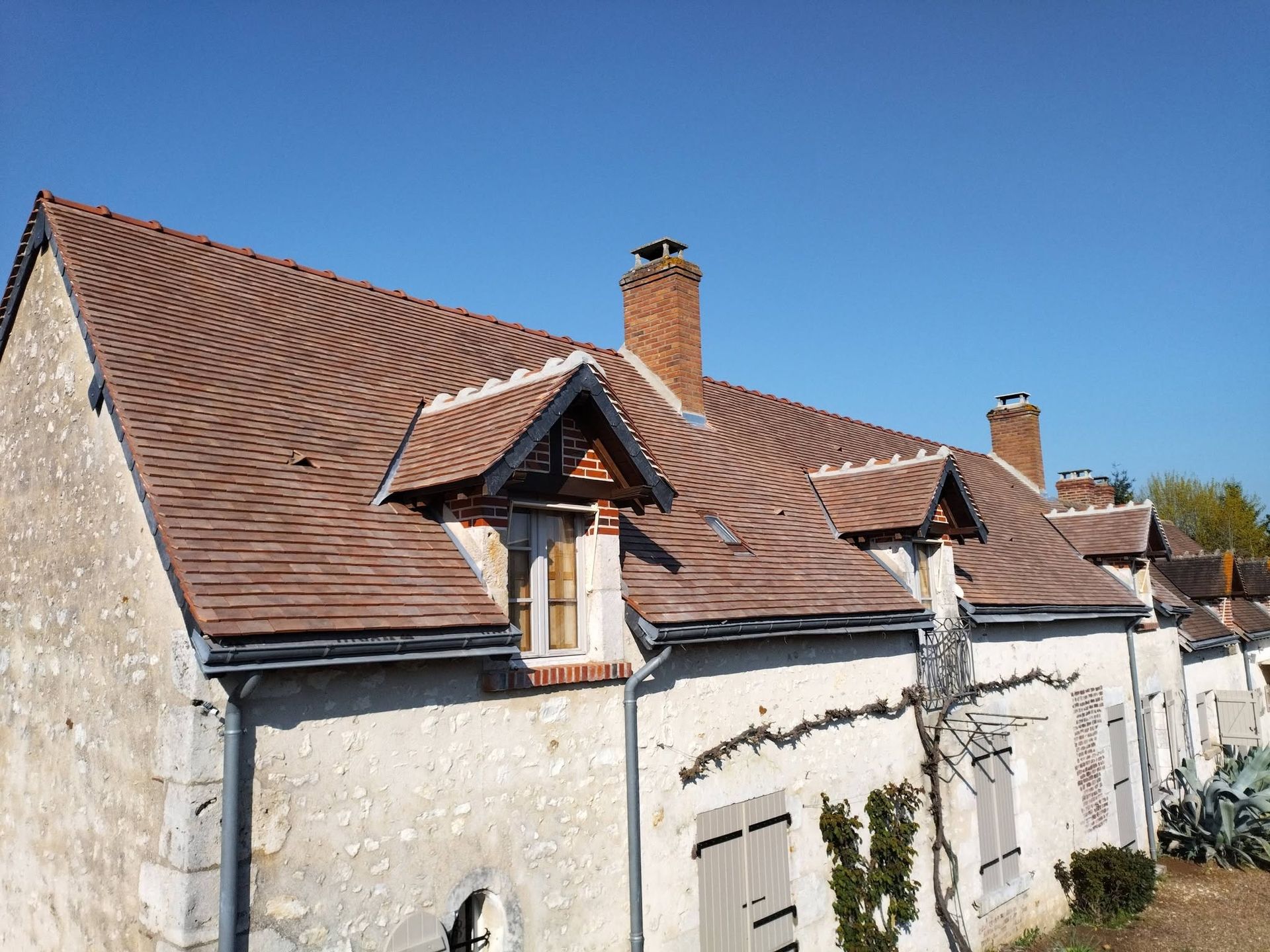 Rangée de vieilles maisons blanches aux toits de tuiles rouges sous un ciel bleu