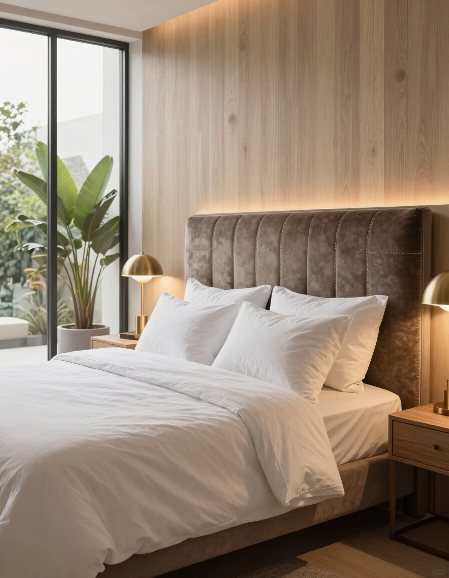 Beautifully styled luxury bedroom with warm ambient lighting