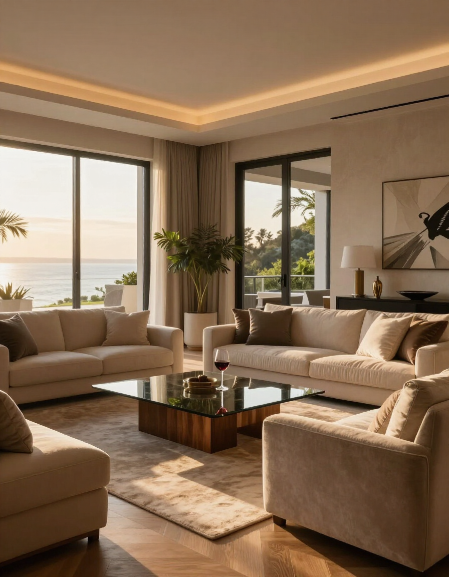 Elegantly furnished luxury vacation home living space at golden hour