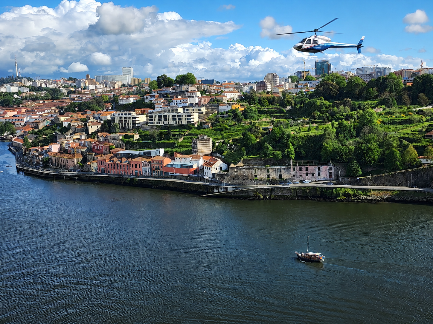 Helicopter over the Douro River and Porto