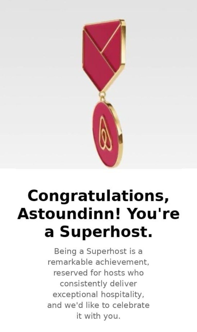 Airbnb Superhost badge awarded to Astoundinn