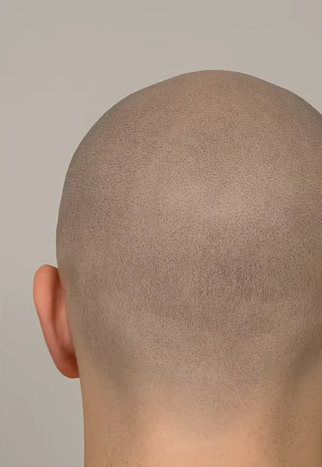 Primer plano de la cabeza rapada de una persona y un lado de una oreja contra un fondo gris claro.