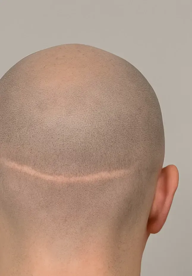 Cabeza calva con una cicatriz horizontal que recorre la espalda.