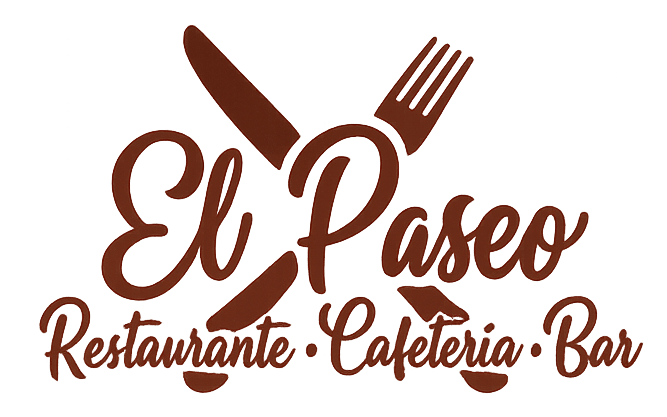 Logotipo marr&oacute;n del restaurante, cafeter&iacute;a y bar &ldquo;El Paseo&rdquo; con un icono de cuchillo y tenedor.