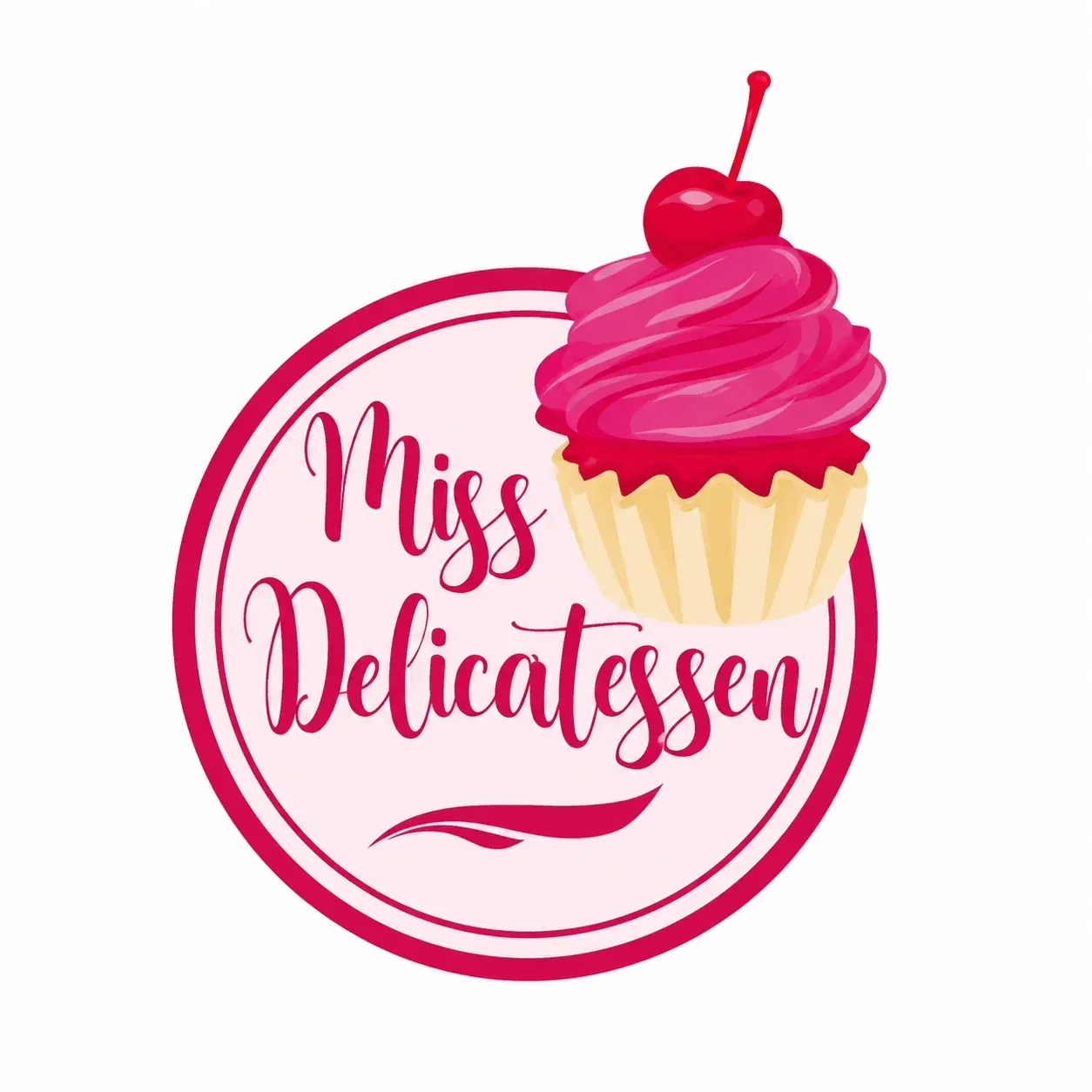 Logotipo de cupcake rosa con el texto “Miss Delicatessen” en una insignia circular.