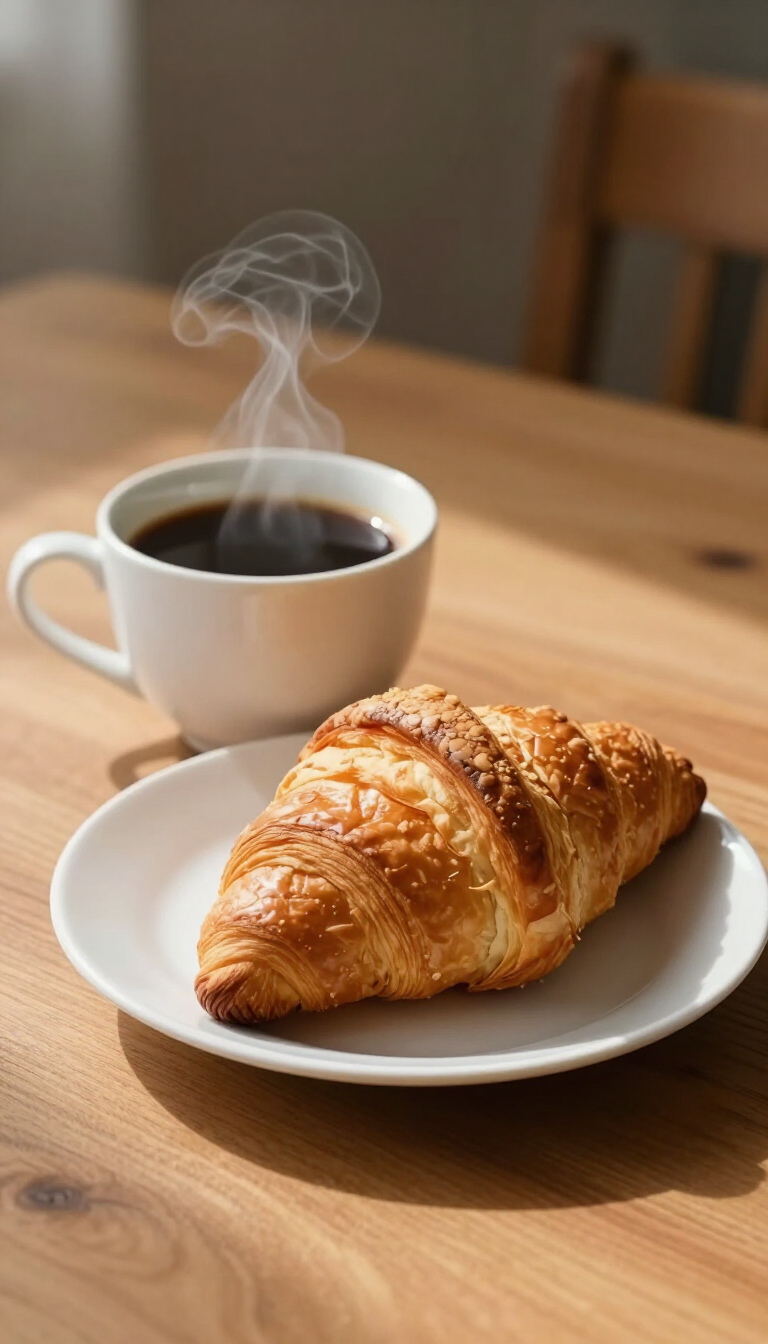 Una taza de café humeante junto a un cruasán en un plato blanco sobre una mesa de madera.