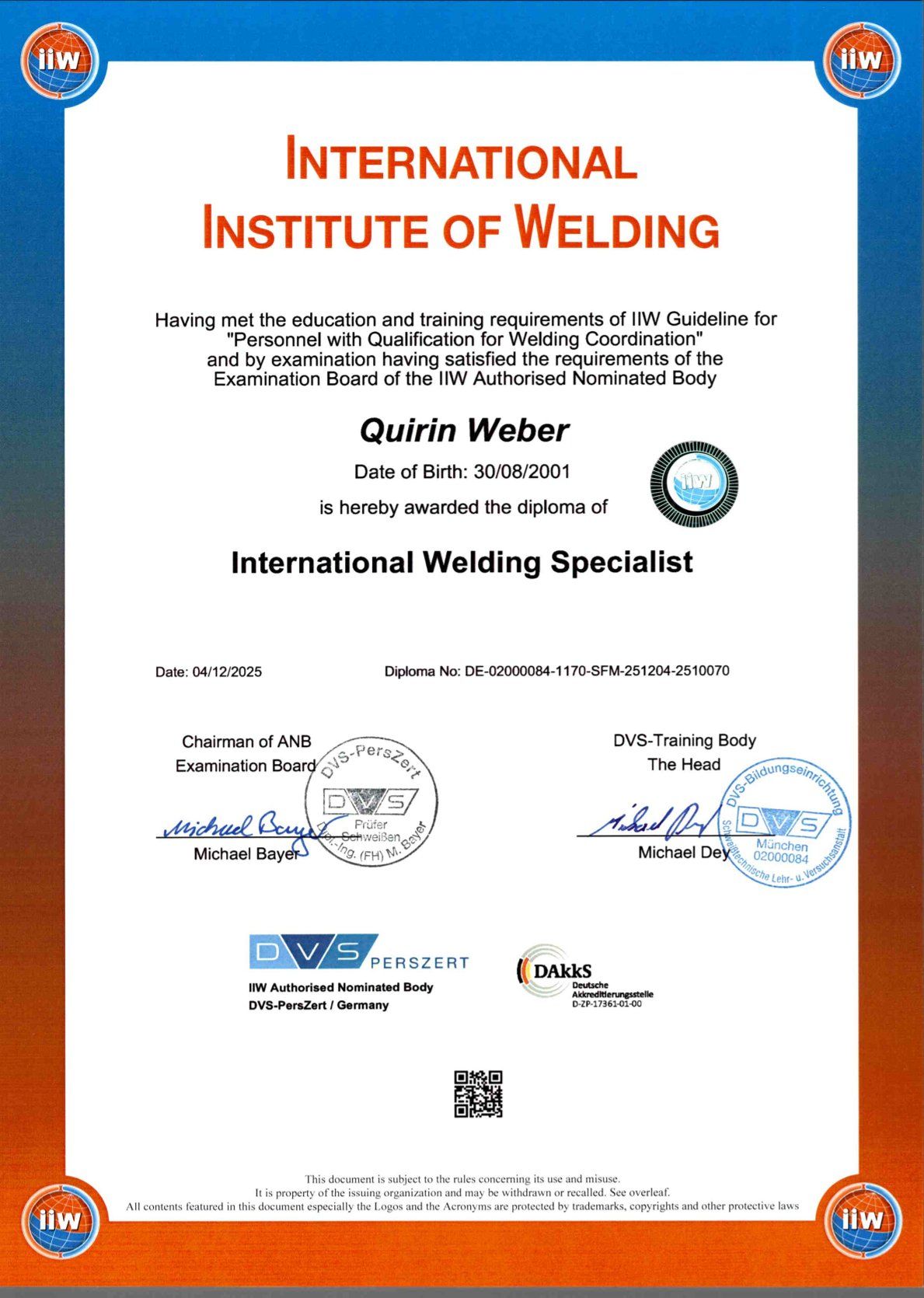 Zertifikat international institute of welding