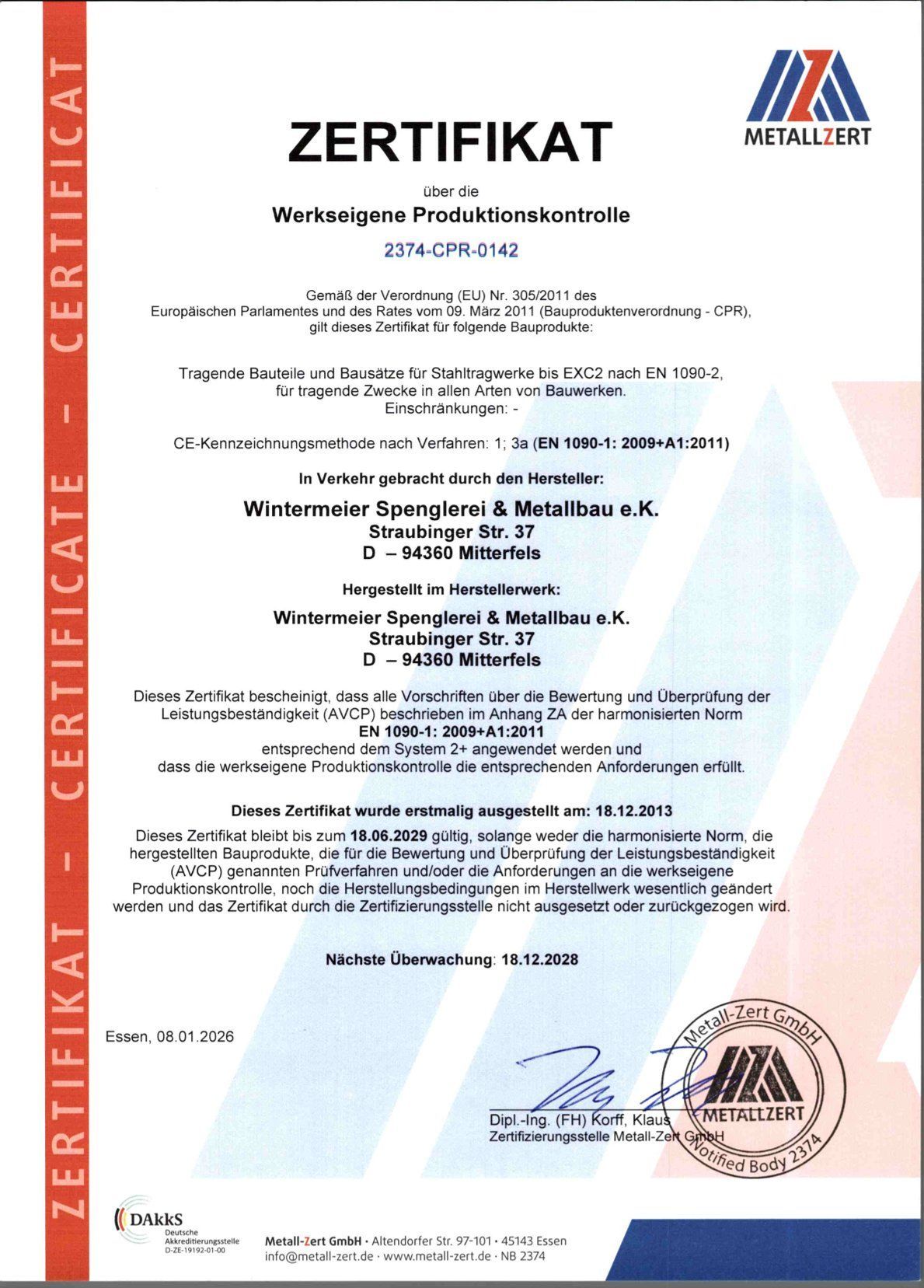 Zertifikat werkseigene Produktionskontrolle