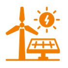 Ein orangefarbenes Symbol einer Windturbine, eines Solarpanels und einer Sonne.