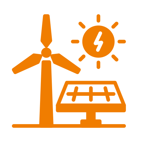 Ein orangefarbenes Symbol einer Windturbine, eines Solarpanels und einer Sonne.