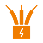 Ein orangefarbenes Symbol mit drei Stromleitungen und einem Blitz.