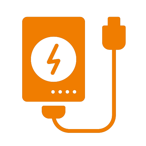 Ein orangefarbenes Symbol einer Powerbank mit einem Blitz darauf.