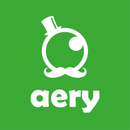 Œil blanc de dessin animé avec haut-de-forme et moustache sur fond vert, « aery » en dessous.