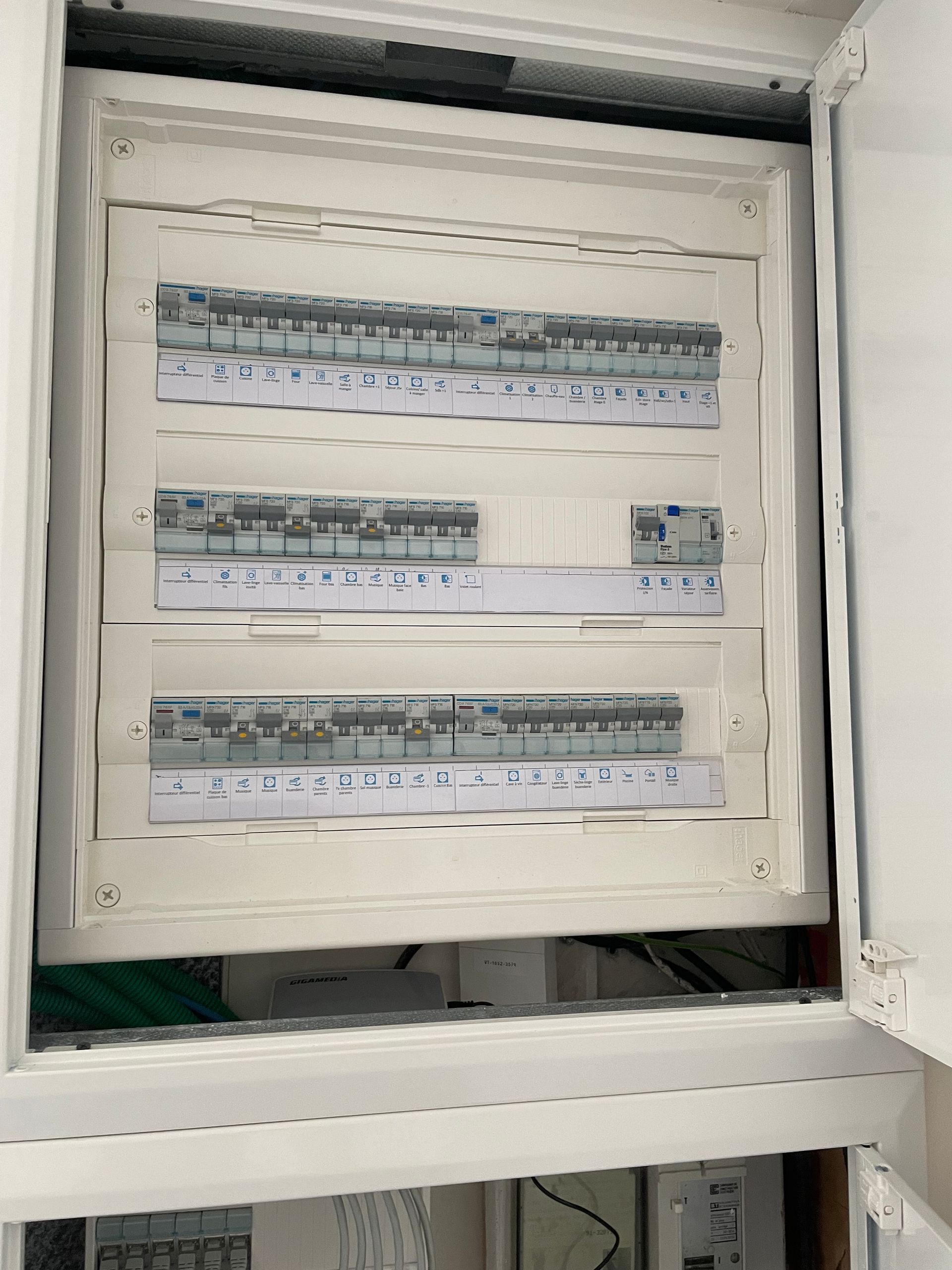 Tableau électrique avec trois rangées d'interrupteurs étiquetés dans une armoire blanche.