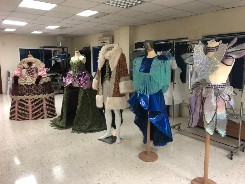 Disfraces sobre maniquíes en una habitación bien iluminada: vestidos elaborados, abrigos y conjuntos de cuento de hadas.