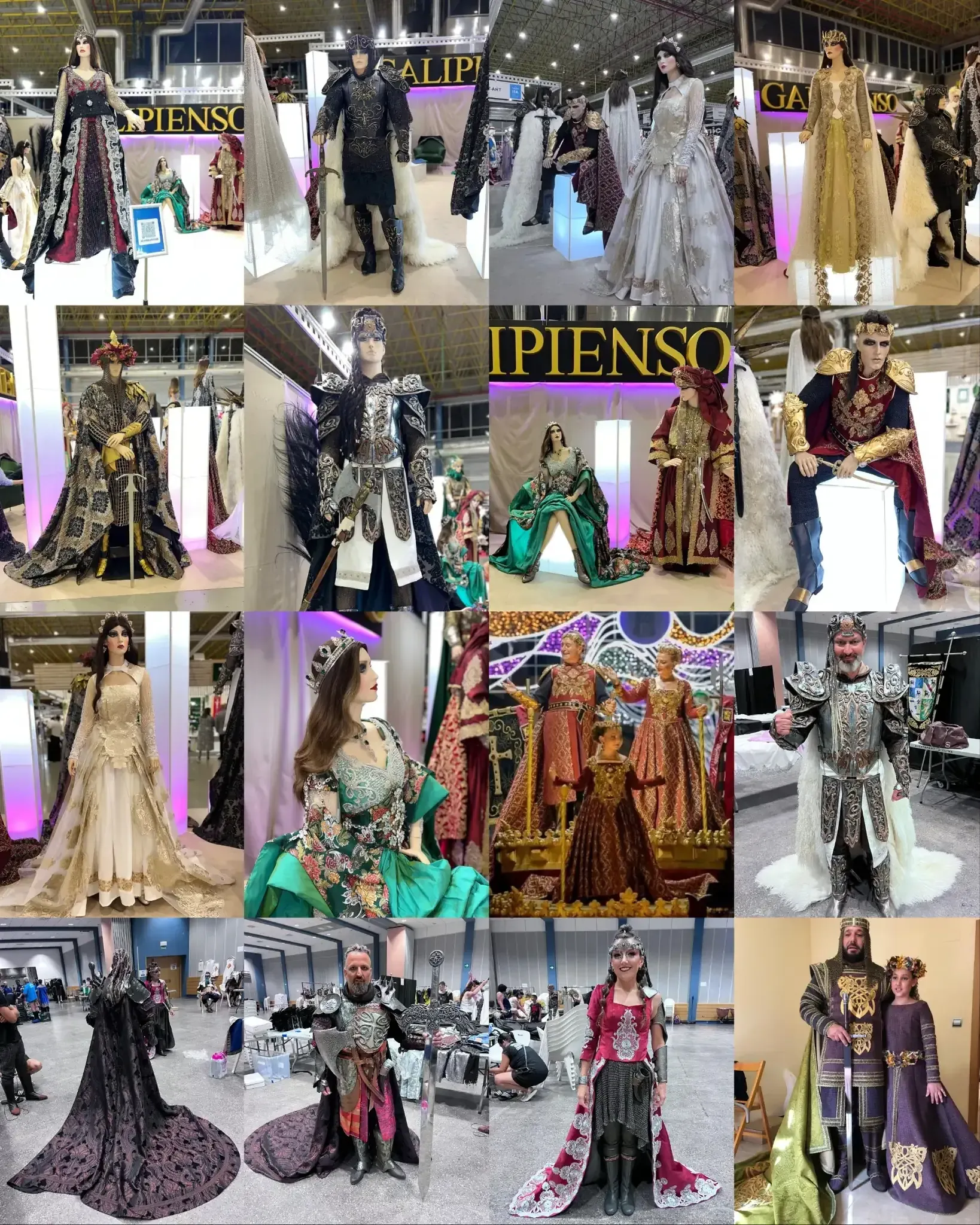 Conjunto de maniquíes y personas con elaborados trajes históricos en un evento.