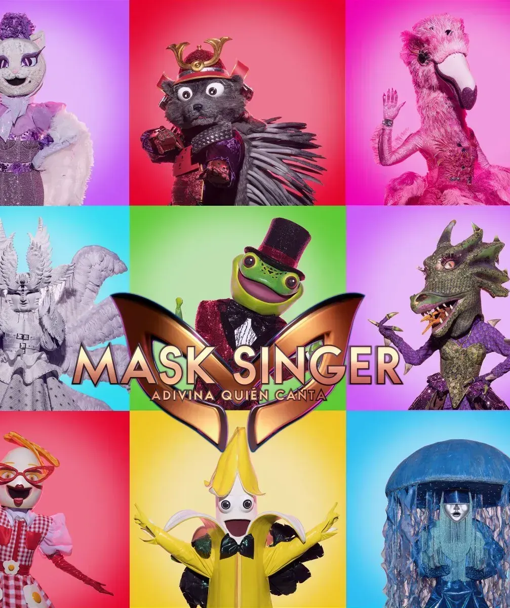 Afiche de Mask Singer con personajes disfrazados en una cuadrícula sobre fondos coloridos.