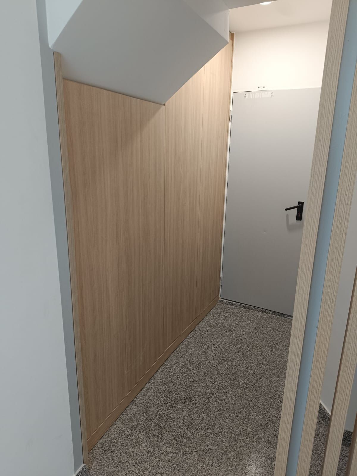 Un pasillo con un armario empotrado de madera a lo largo de una pared, una puerta gris al final y un suelo moteado.