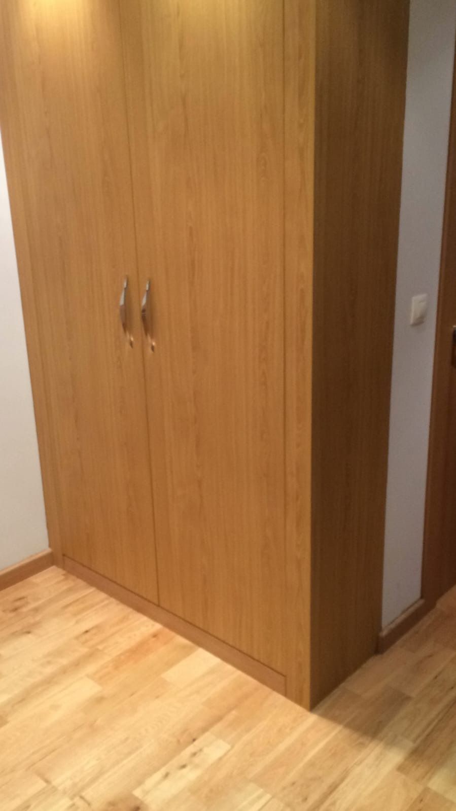 En una habitación con suelo de madera a juego, hay un armario de madera de color claro con dos puertas.