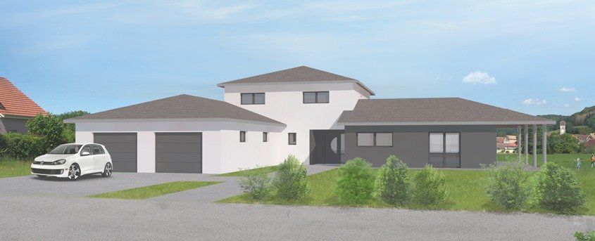 Perspective d'une maison avec un étage et deux garages