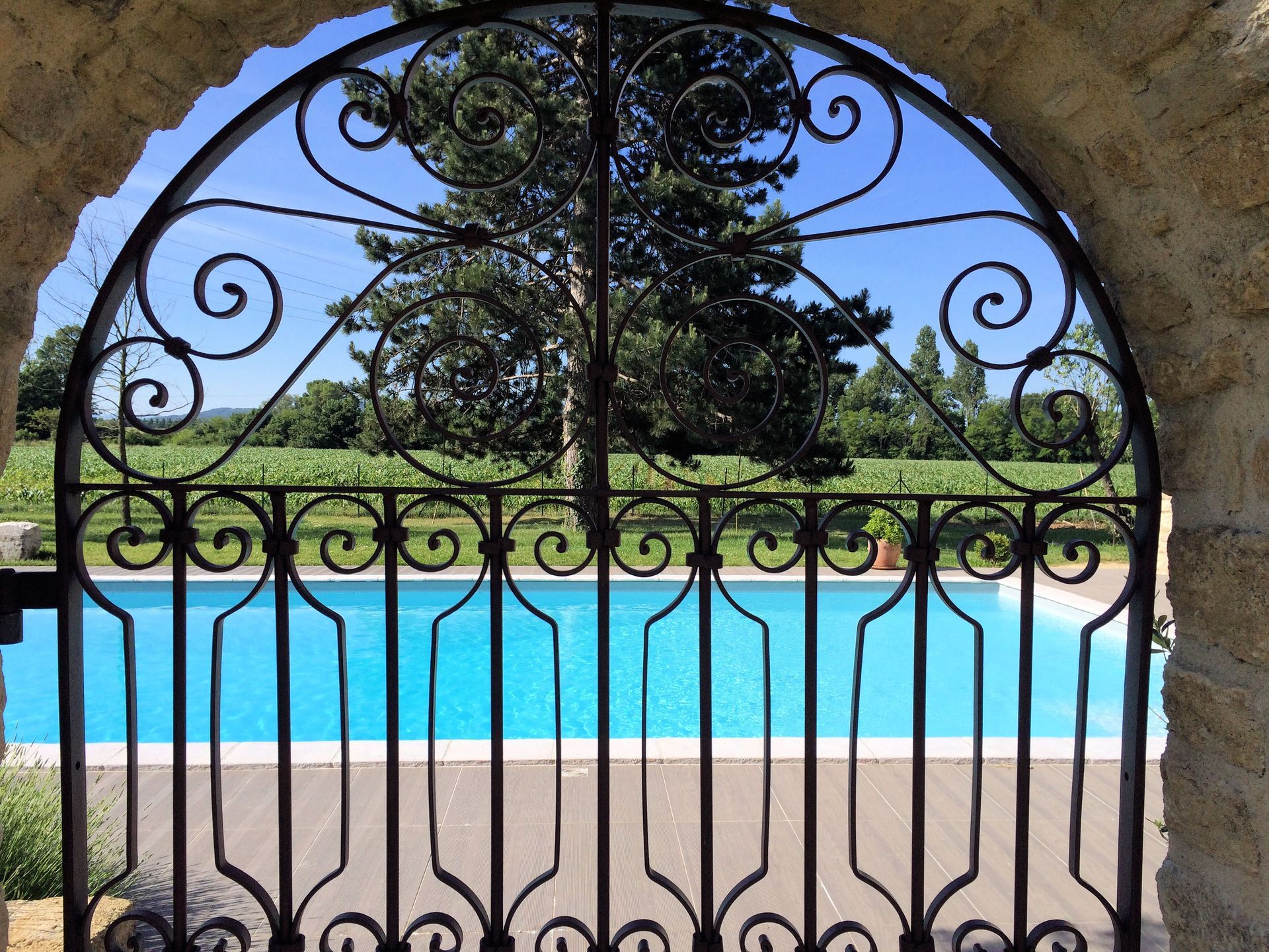 Vue sur la piscine à travers un portail en fer forgé orné, eau bleue, arbres verts et ciel bleu.
