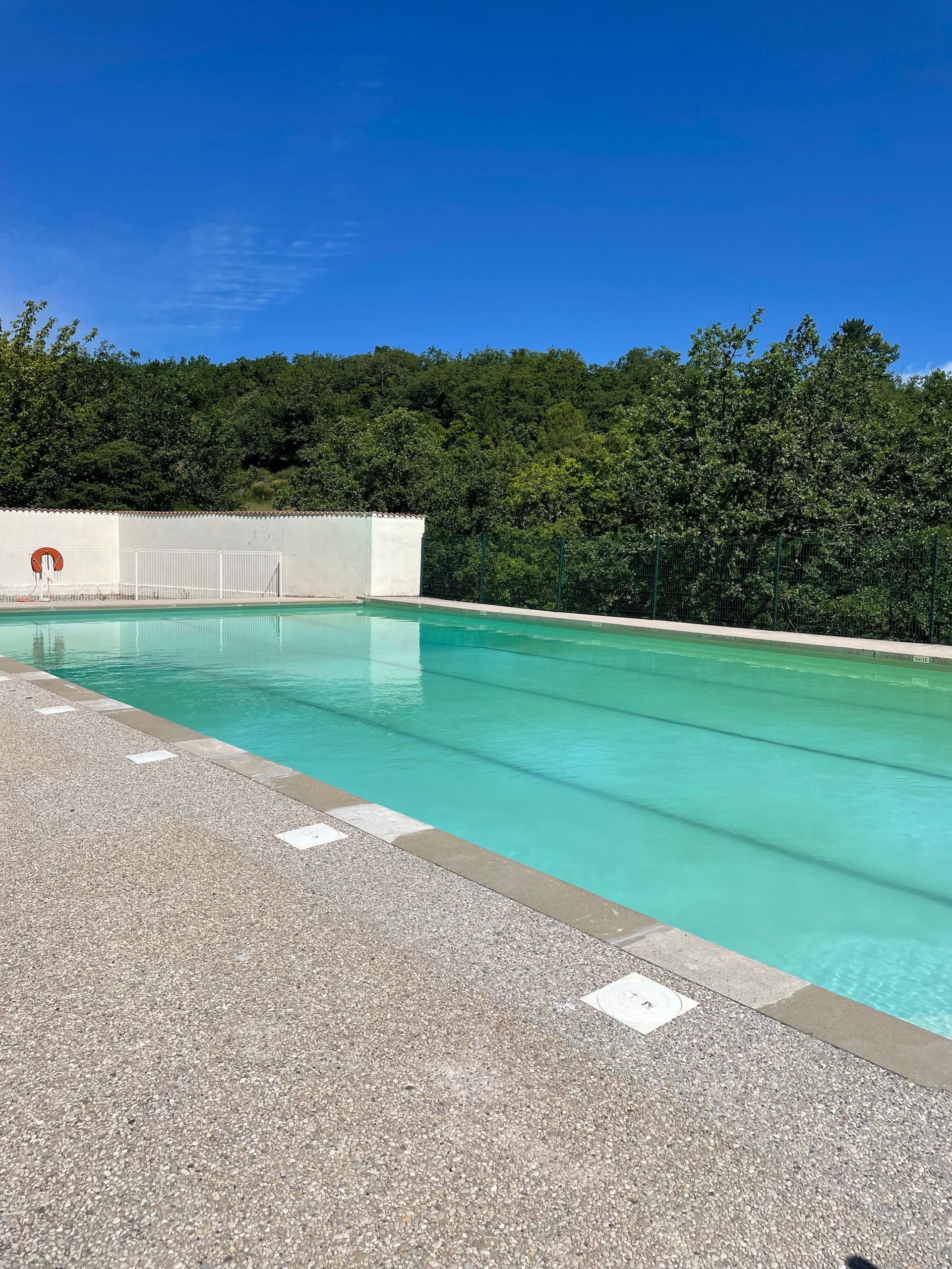 Une piscine extérieure rectangulaire aux eaux claires, entourée d'un dallage clair et d'un mur, avec des arbres en arrière-plan sous un ciel bleu.
