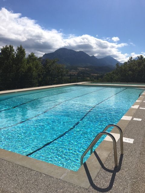 Jardin avec piscine, terrasse en bois, chaises longues, flamant rose gonflable et ciel bleu.