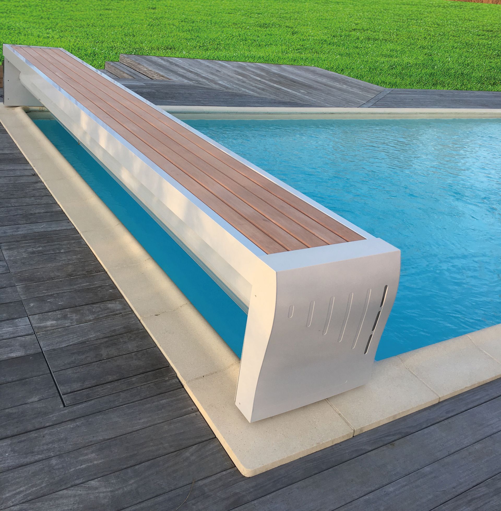 L'eau d'une piscine d'un bleu éclatant, encadrée de roses roses et de feuillage vert par une journée ensoleillée.