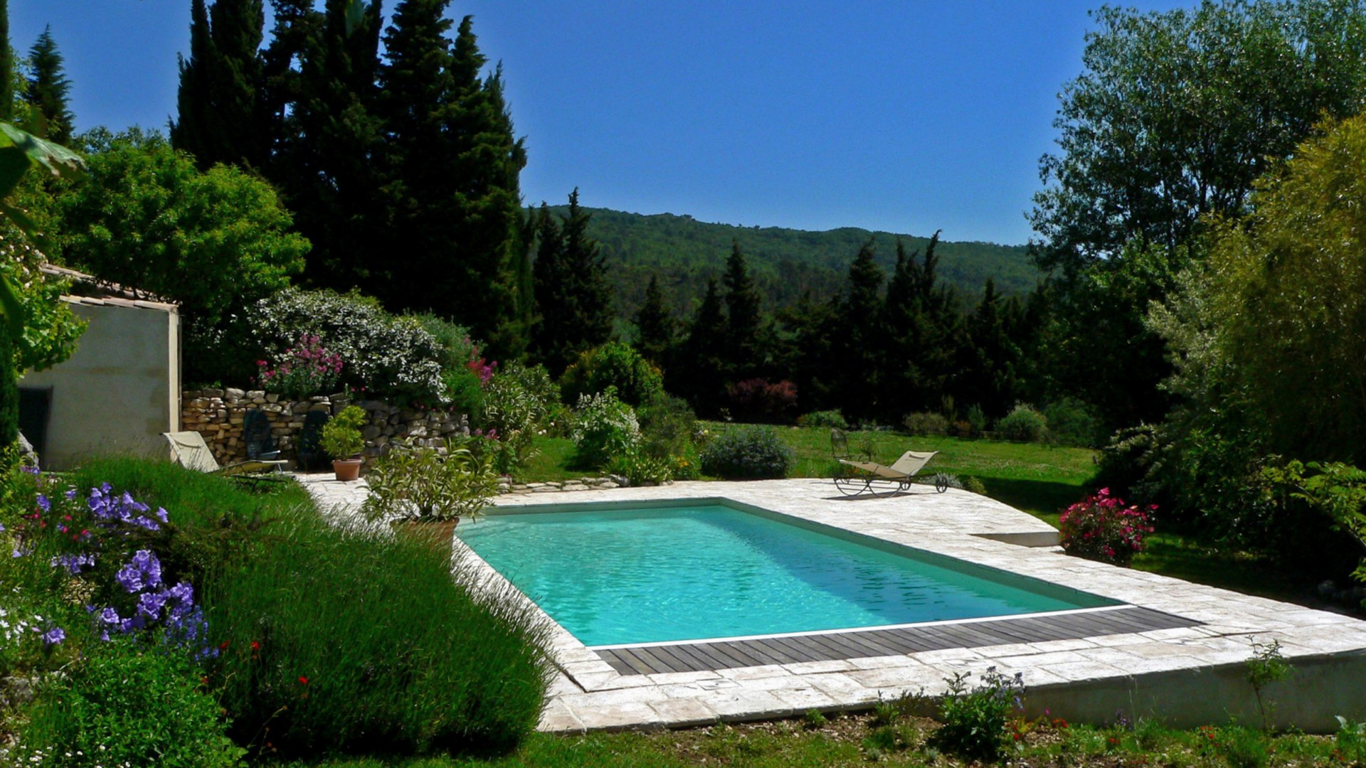 Piscine entourée d'une végétation luxuriante et de fleurs sous un ciel d'un bleu éclatant. Une chaise longue est installée au bord de la piscine.