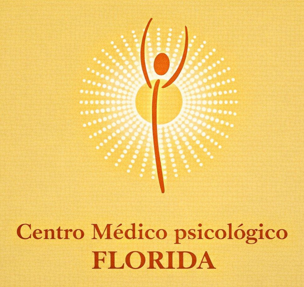 Logotipo del Centro M&eacute;dico Psicol&oacute;gico de Florida: Persona con los brazos en alto frente a un sol radiante