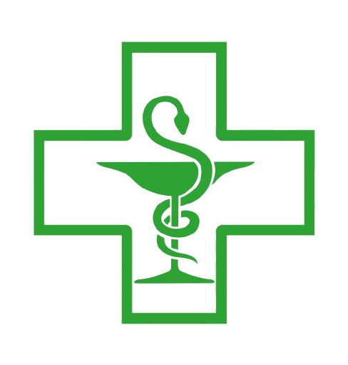 Croix médicale verte avec un caducée au centre sur fond blanc.